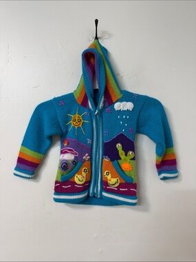 Peruvian Connection Bright Turquoise Hooded Kids Sweater with Rainbow Trim